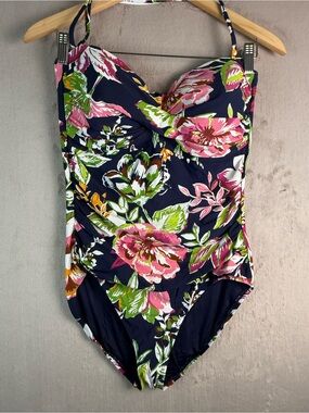 Anne Cole One Piece Swimsuit Size 14 Navy Floral Ruched Tummy Control Halter